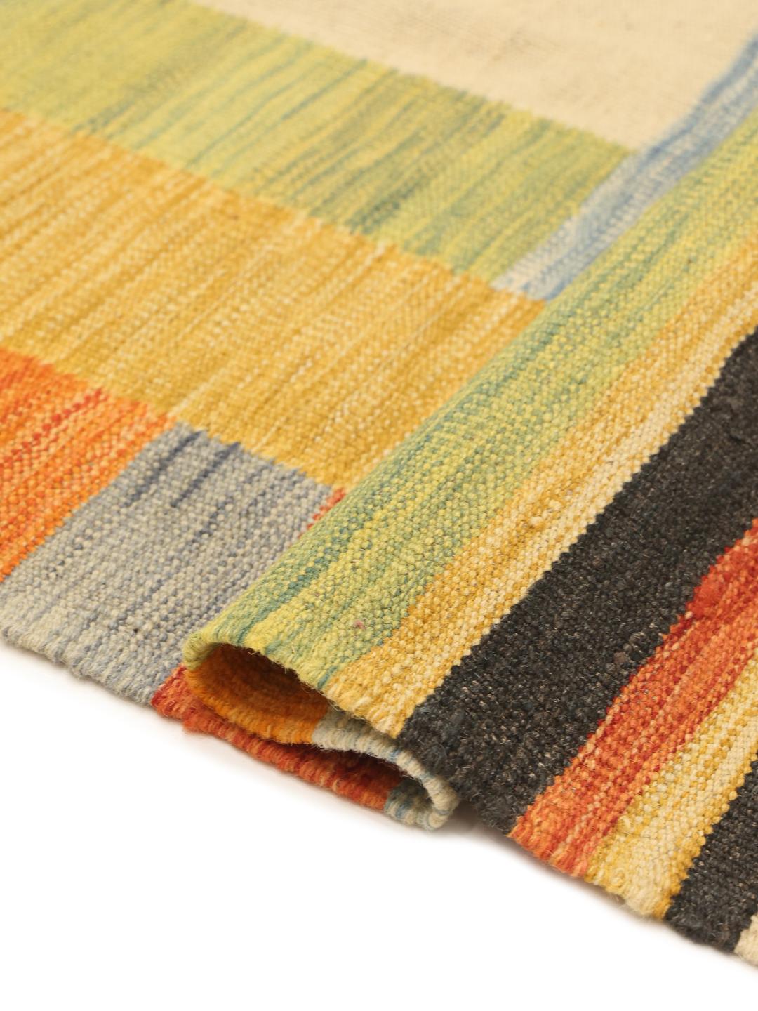 A rectangular, hand-woven Afghan Kilim rug featuring a vibrant, multi-coloured striped and geometric pattern.