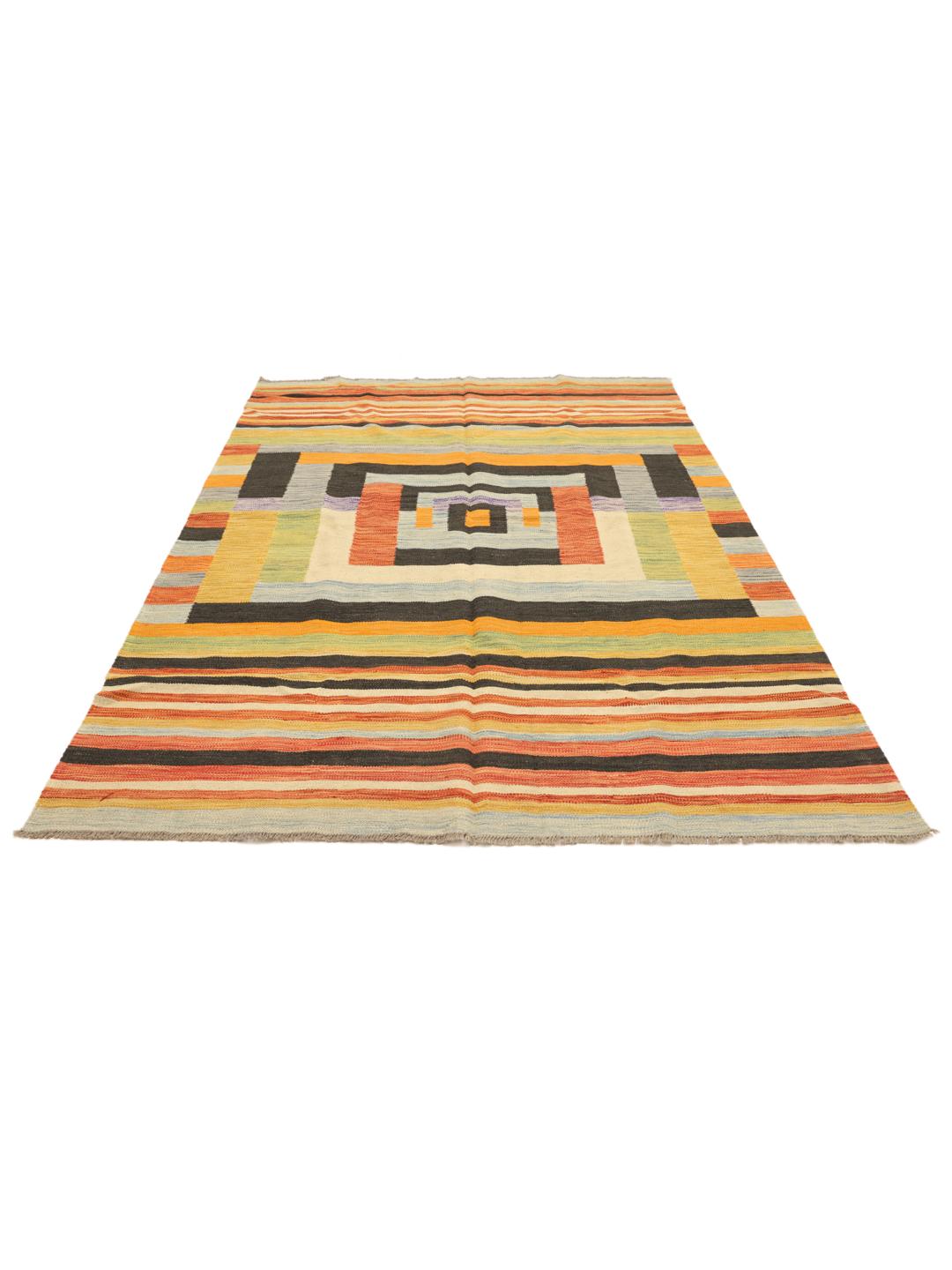 A rectangular, hand-woven Afghan Kilim rug featuring a vibrant, multi-coloured striped and geometric pattern.