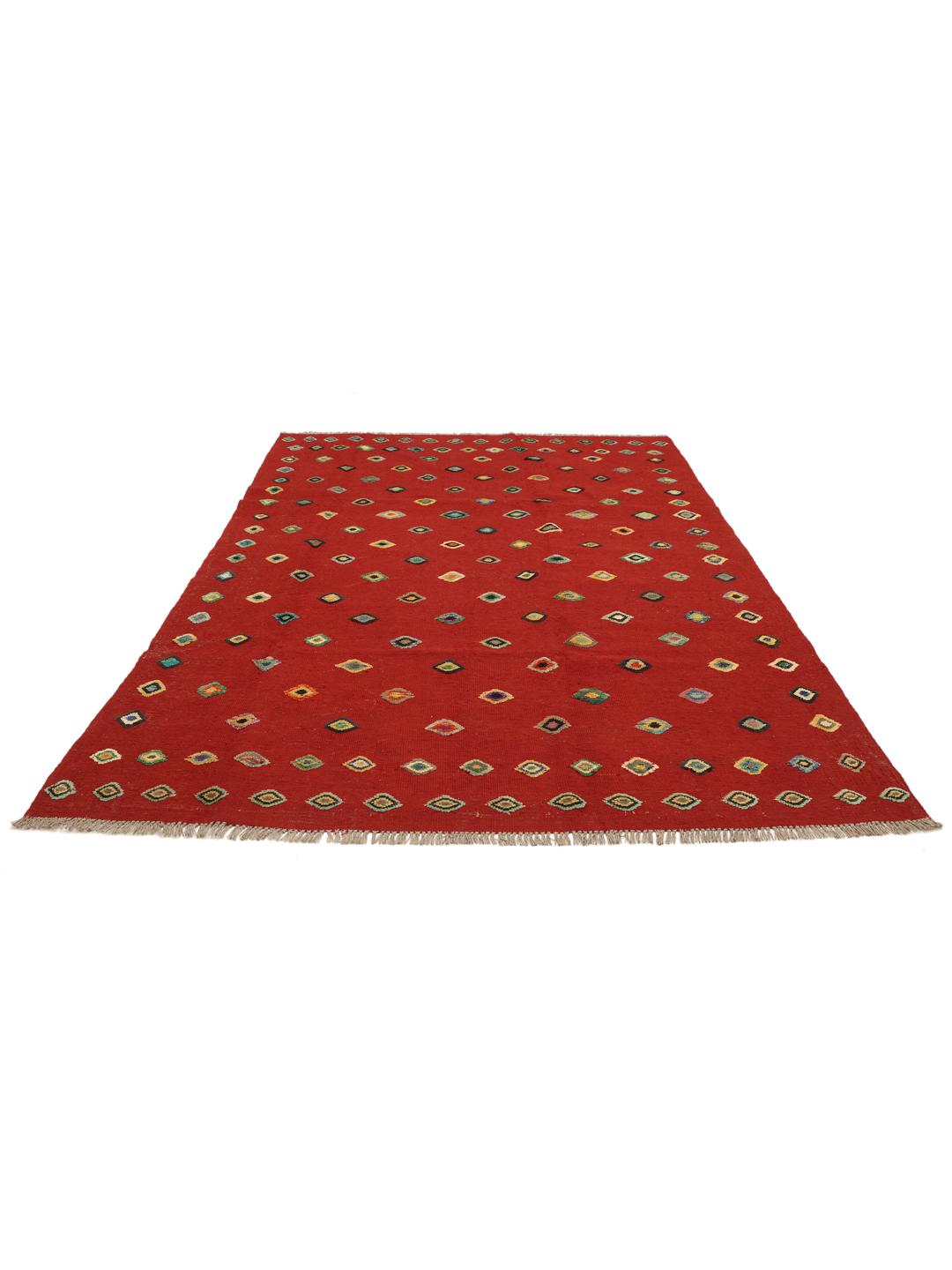 Tapis afghan tisse a la main en rouge avec des motifs en losange