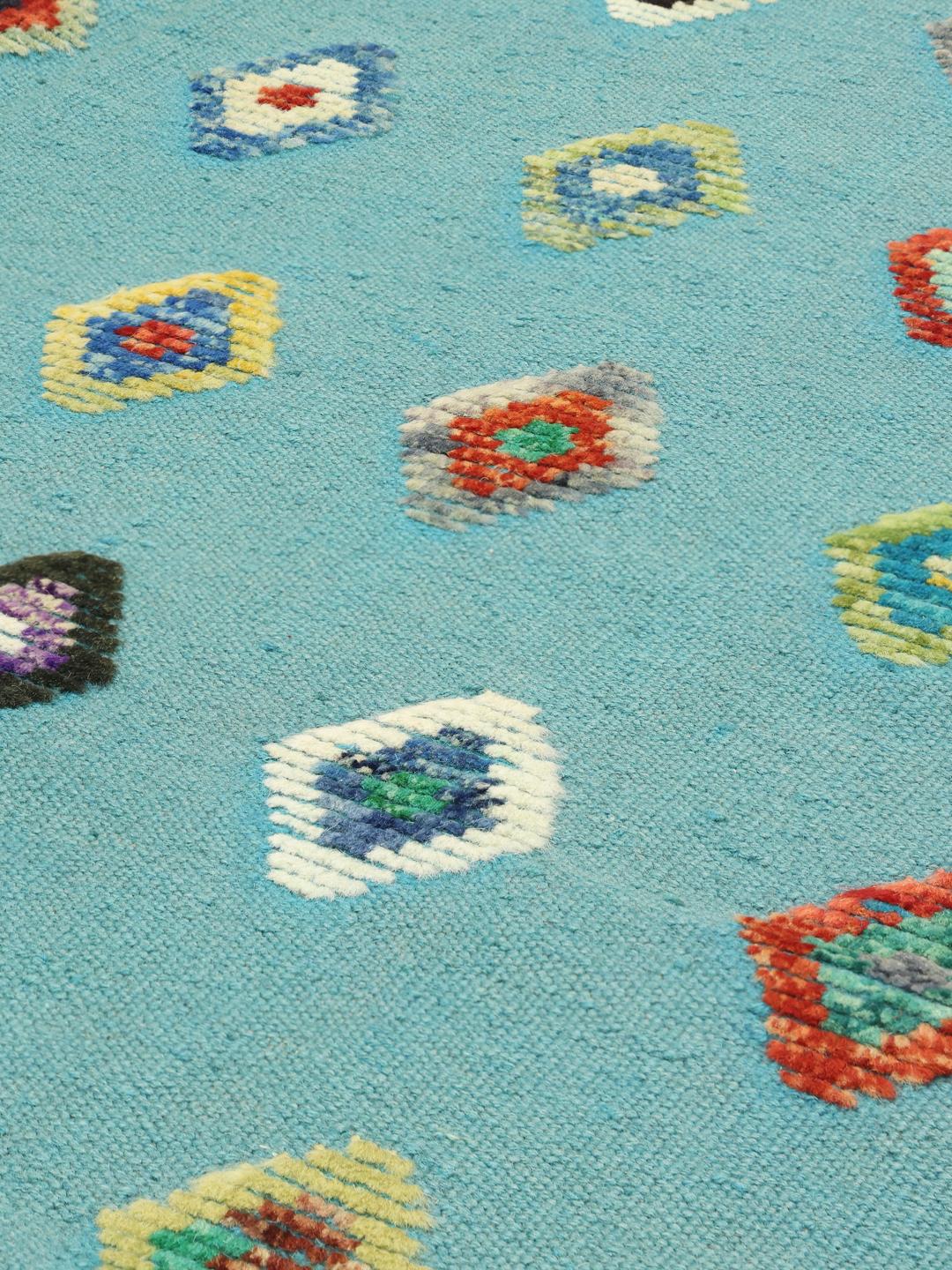 Handgeweven Afghaans Kelim-kleed met kleurrijke ruitmotieven op een teal-kleurige achtergrond