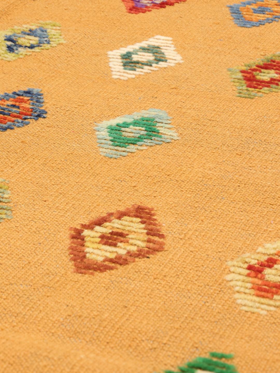 Hand-woven Afghan Kelim Nimbaft rug in mustard with colourful diamond patterns