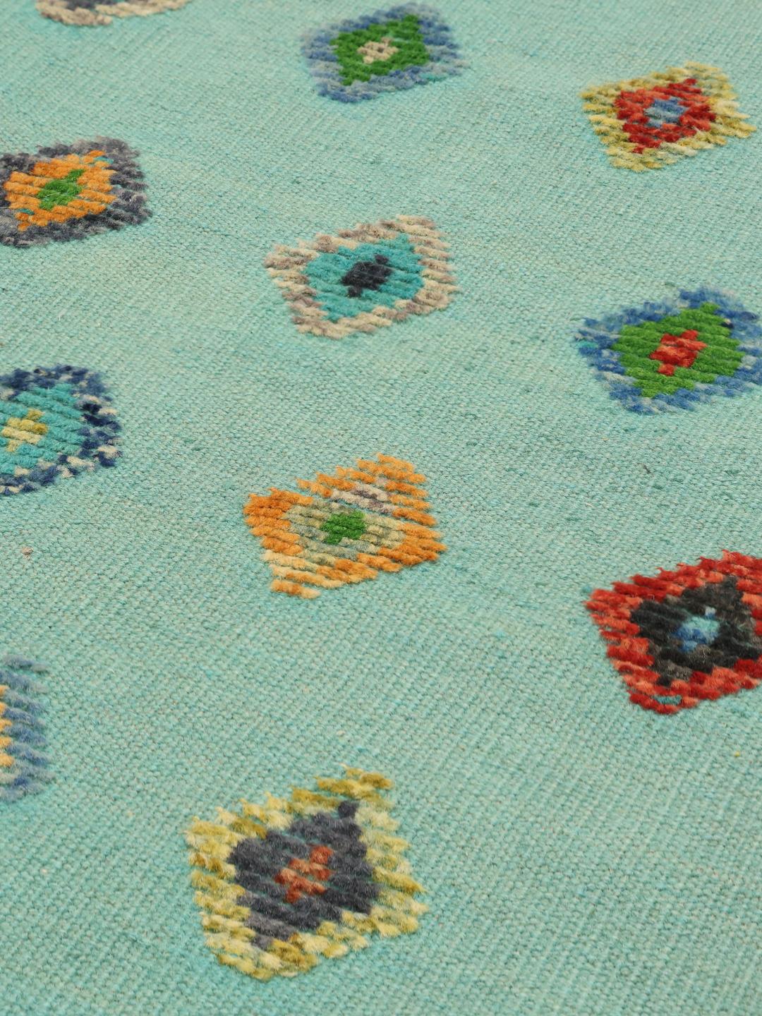 Handgeweven Afghaans Kelim vloerkleed in blauwgroen met een kleurrijk ruitpatroon