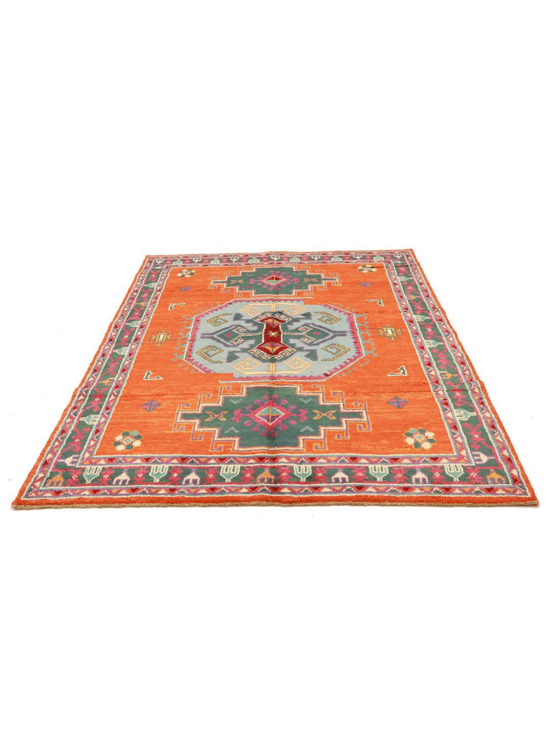 Alfombra Kazak anudada a mano de Afganistán en color naranja vibrante con medallones geométricos