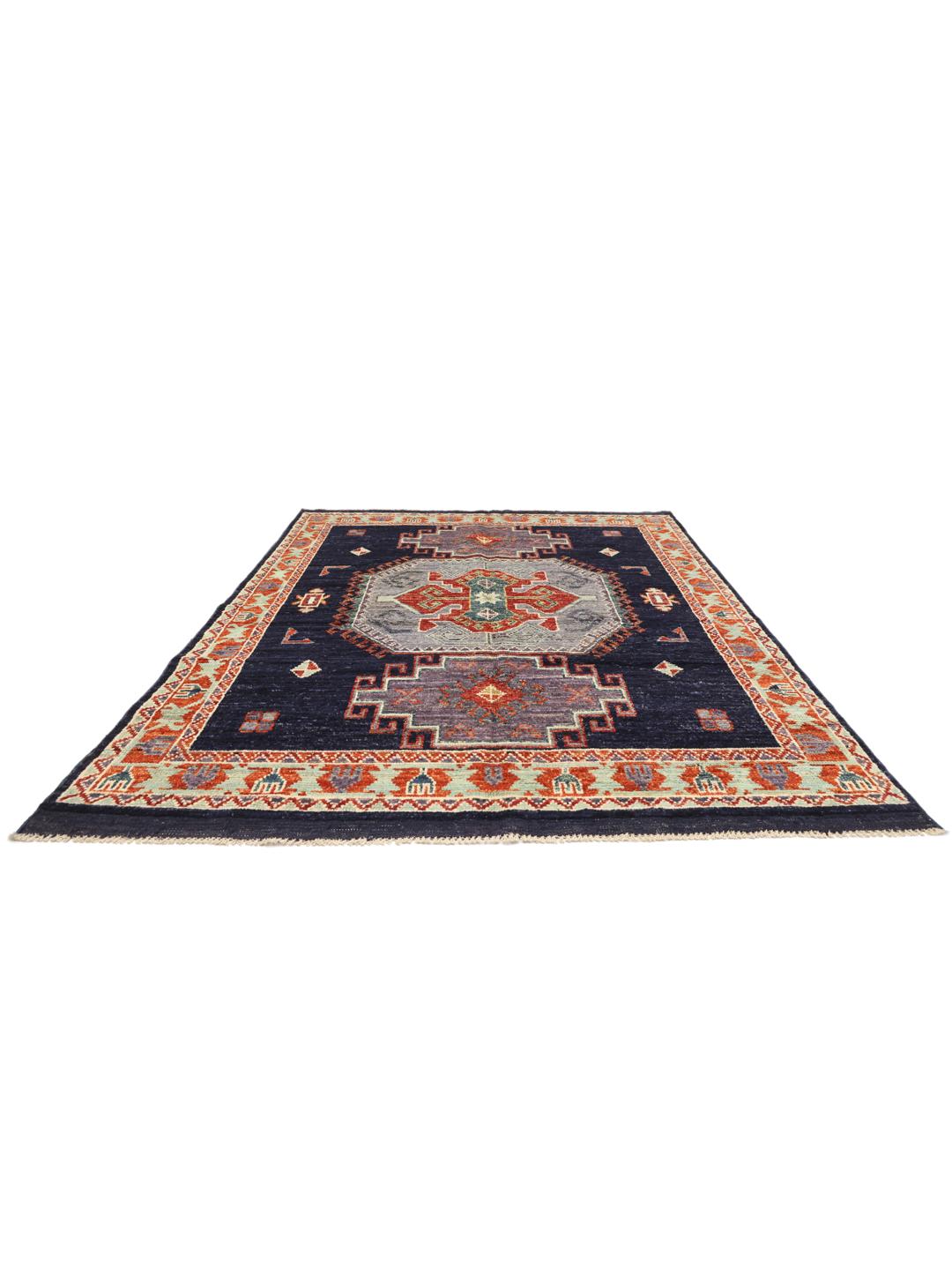 Hand-knotted Kazak rug from Afghanistan in dark blue and red tones