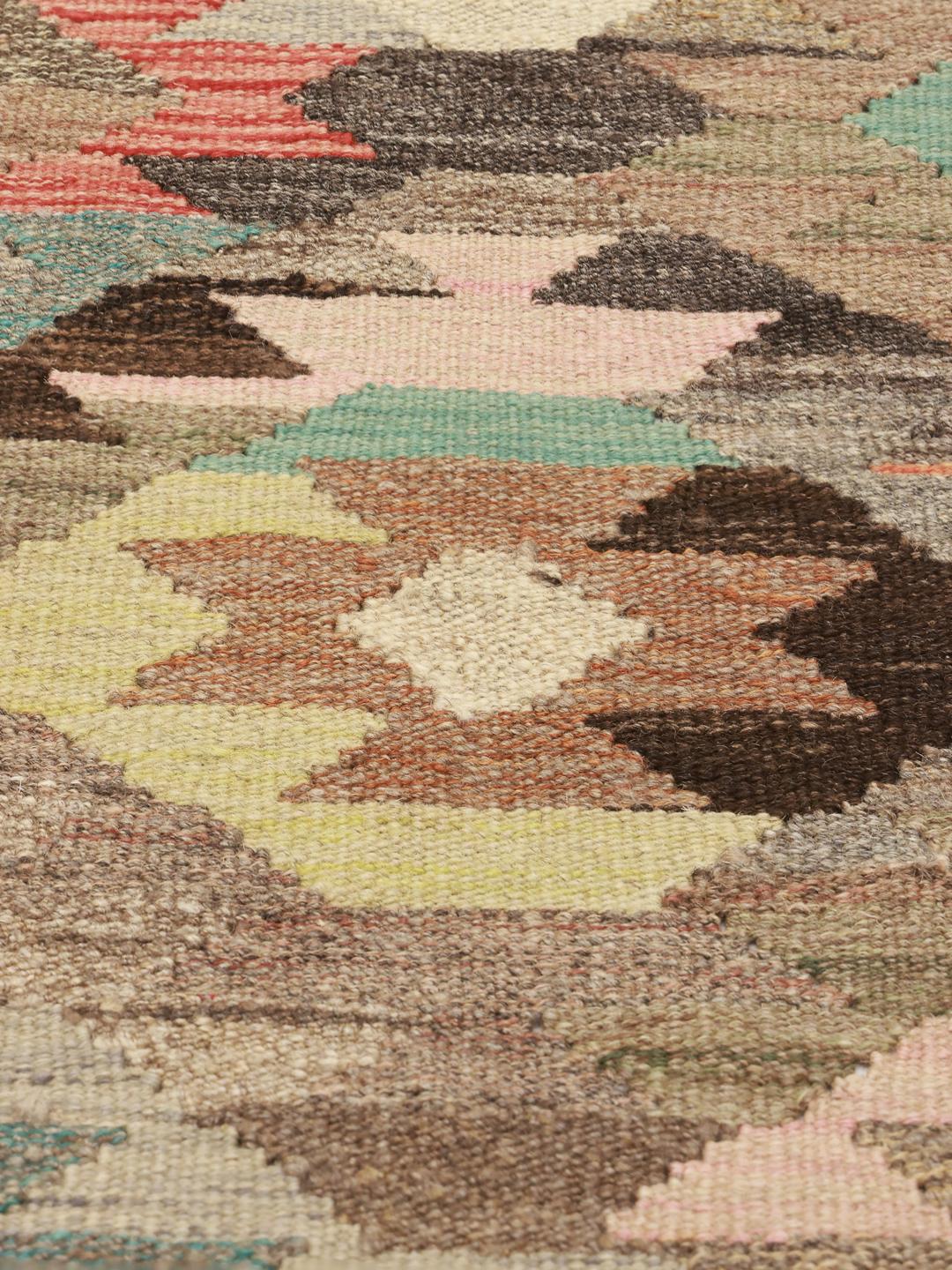 Hand-woven Kilim runner with geometric patterns in brown and multicoloured tones from the Middle East