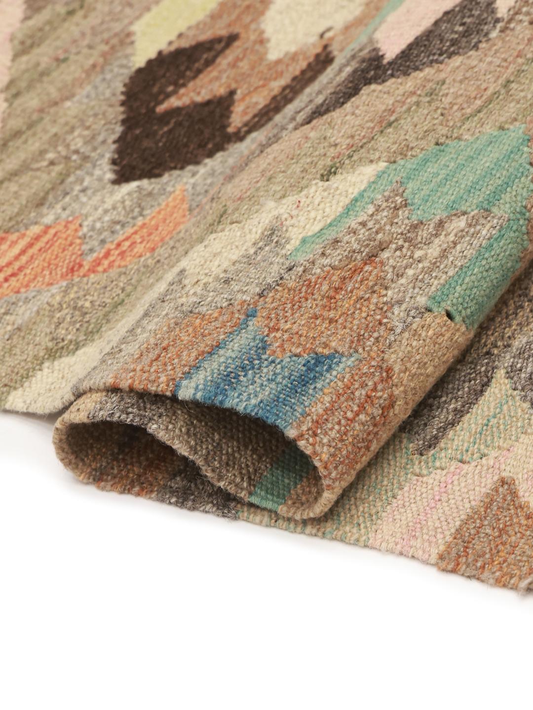 Hand-woven Kilim runner with geometric patterns in brown and multicoloured tones from the Middle East