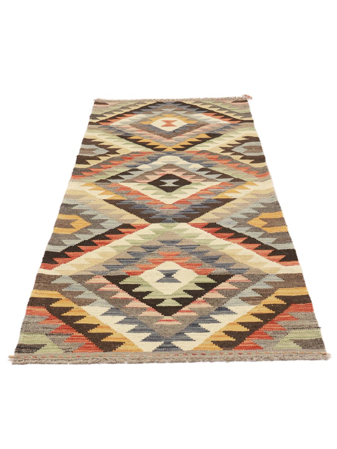 Hand-woven Afghan runner rug with geometric patterns in multicoloured Wool