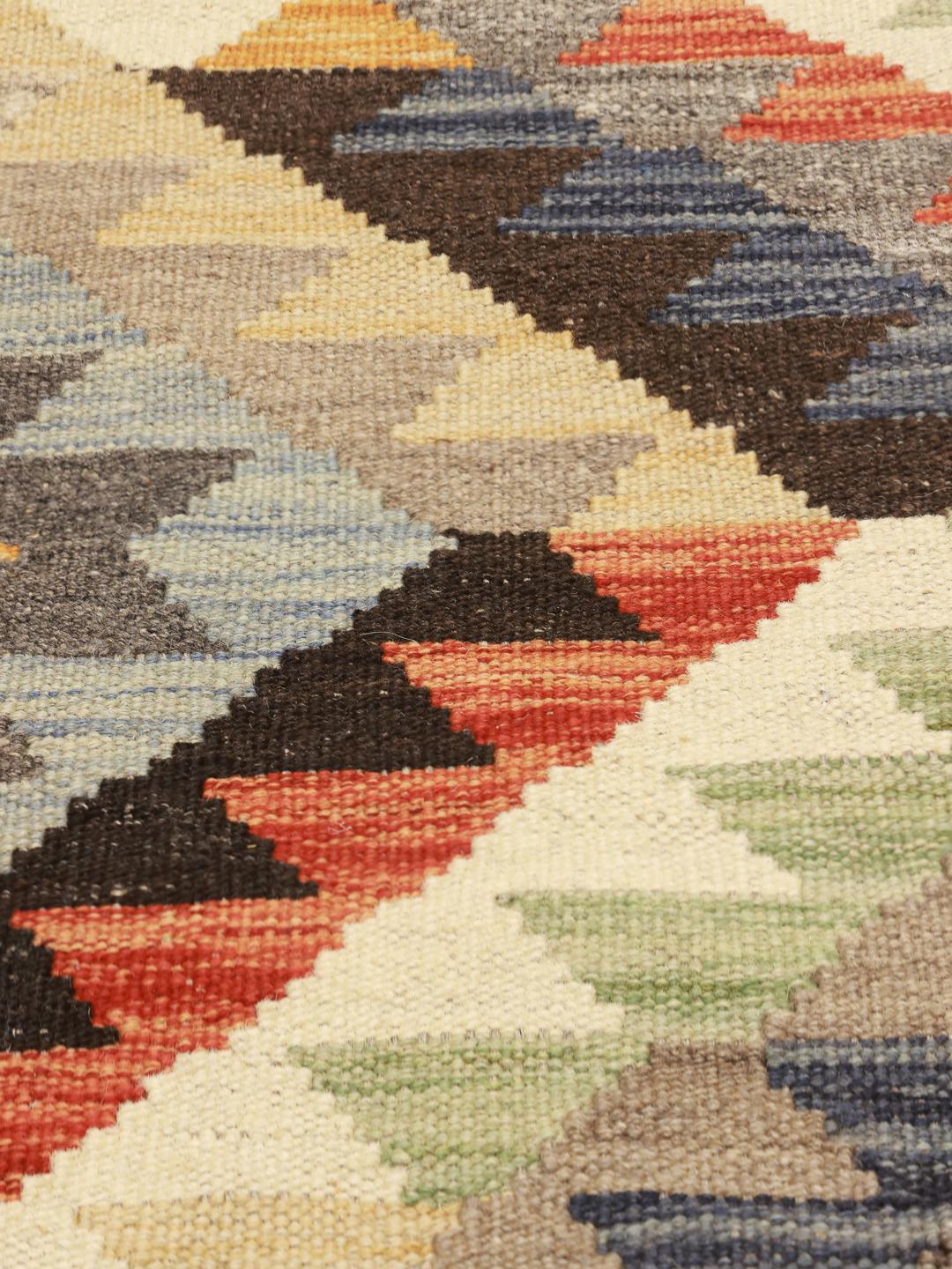 Hand-woven Afghan runner rug with geometric patterns in multicoloured Wool