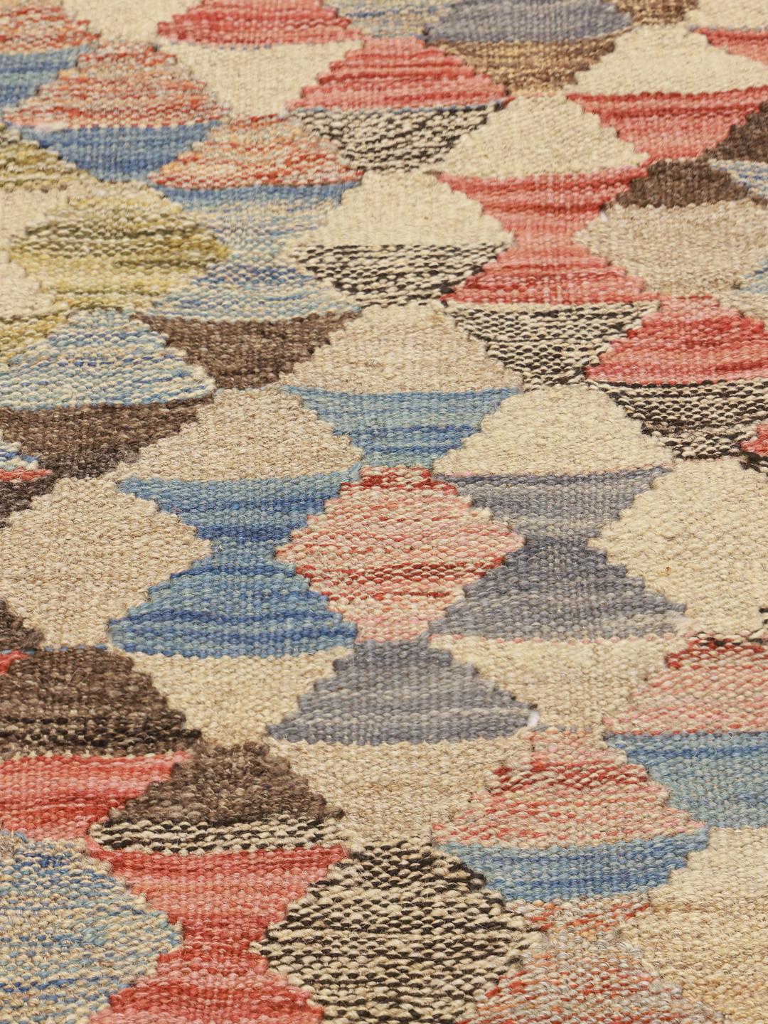 Hand-woven multicolour Afghan Kilim runner with a geometric diamond pattern