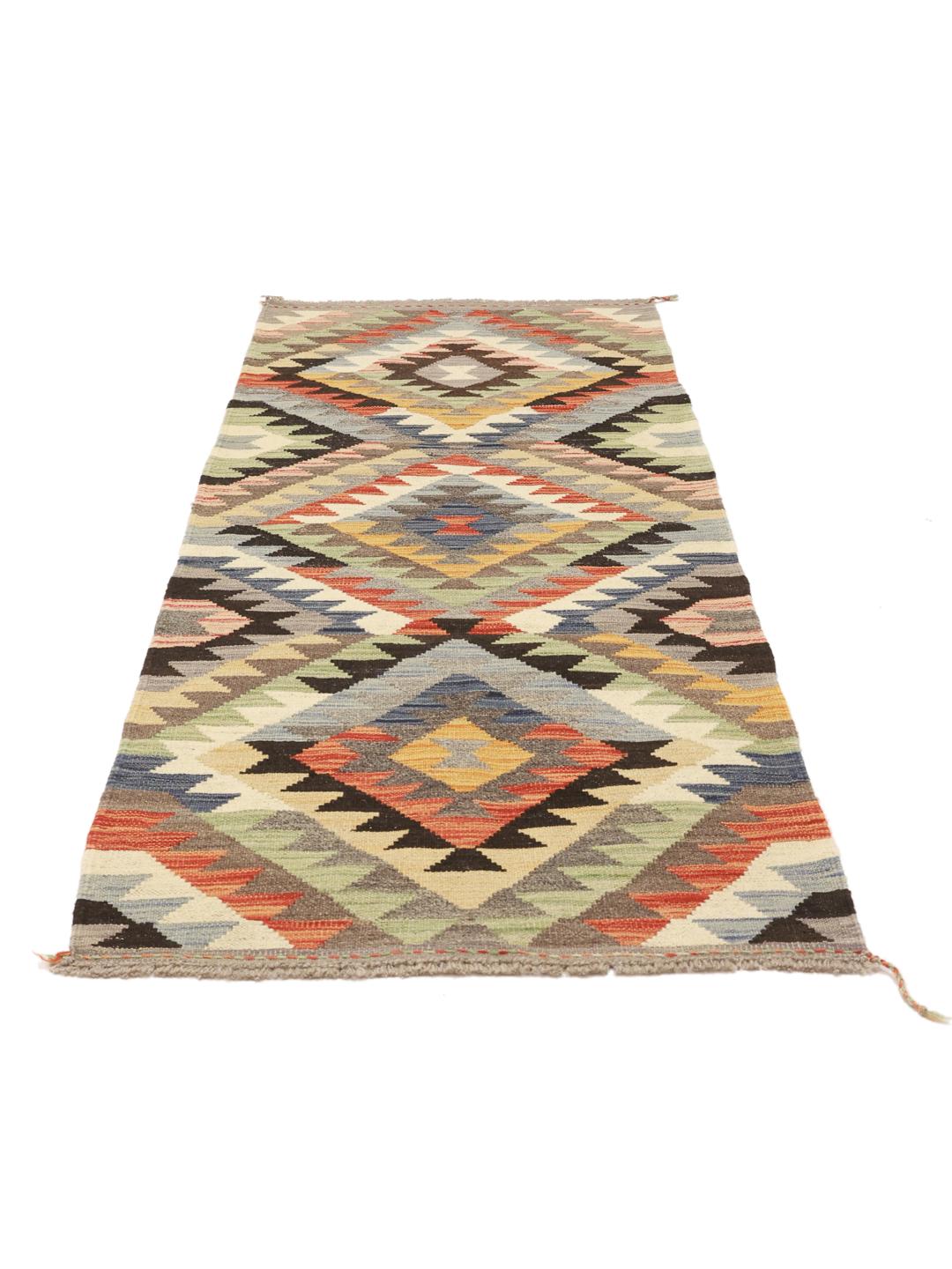 Hand-woven Afghan runner rug in multicoloured geometric pattern