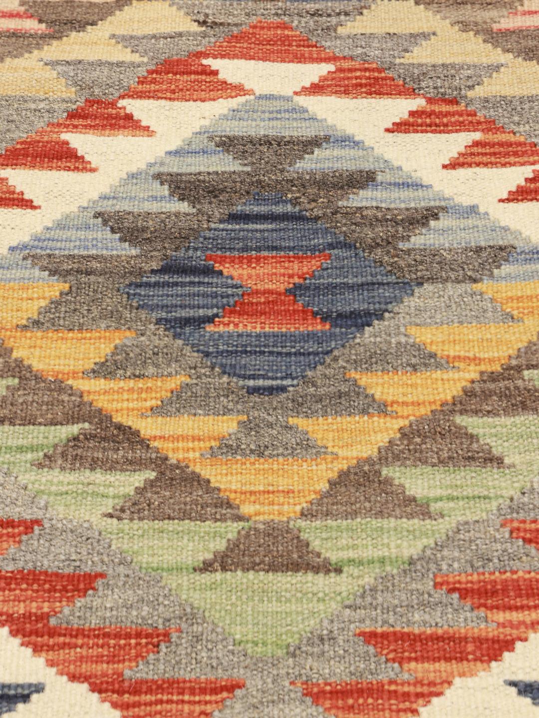 Hand-woven Afghan runner rug in multicoloured geometric pattern