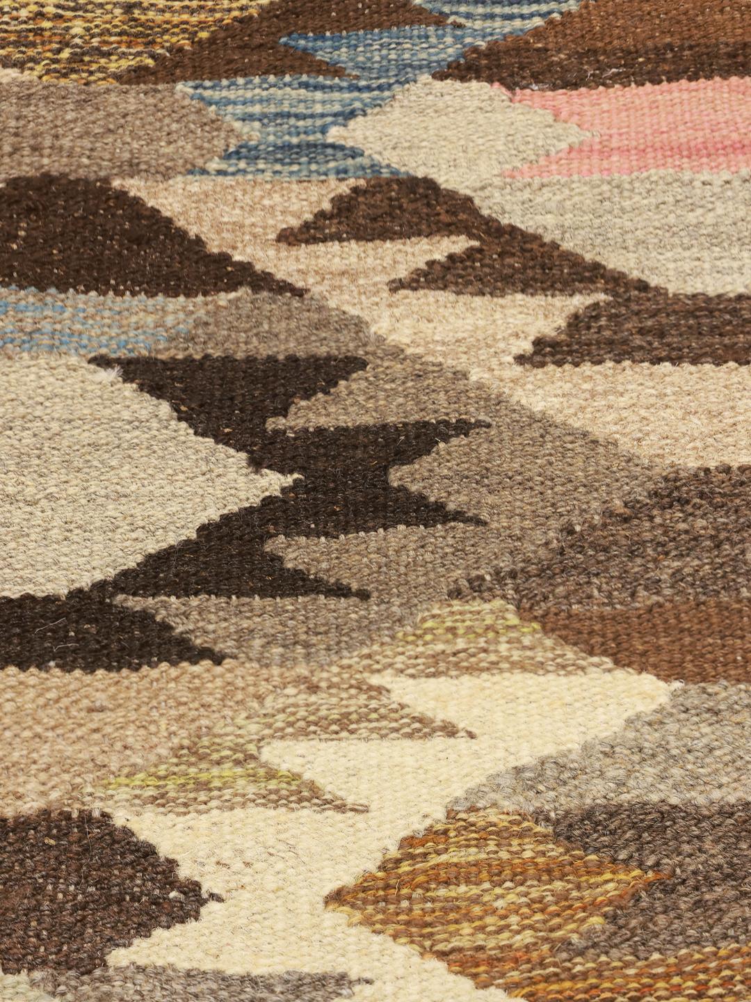Hand-woven Afghan Wool runner with geometric diamond patterns in brown and earth tones