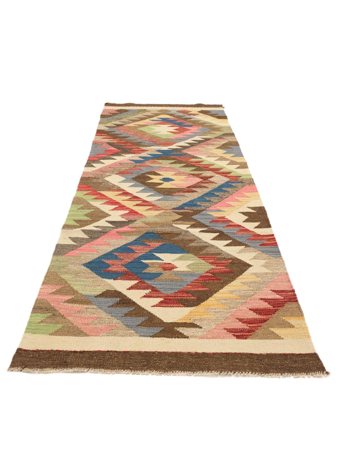 Handmade Afghan rug runner with multicoloured geometric pattern