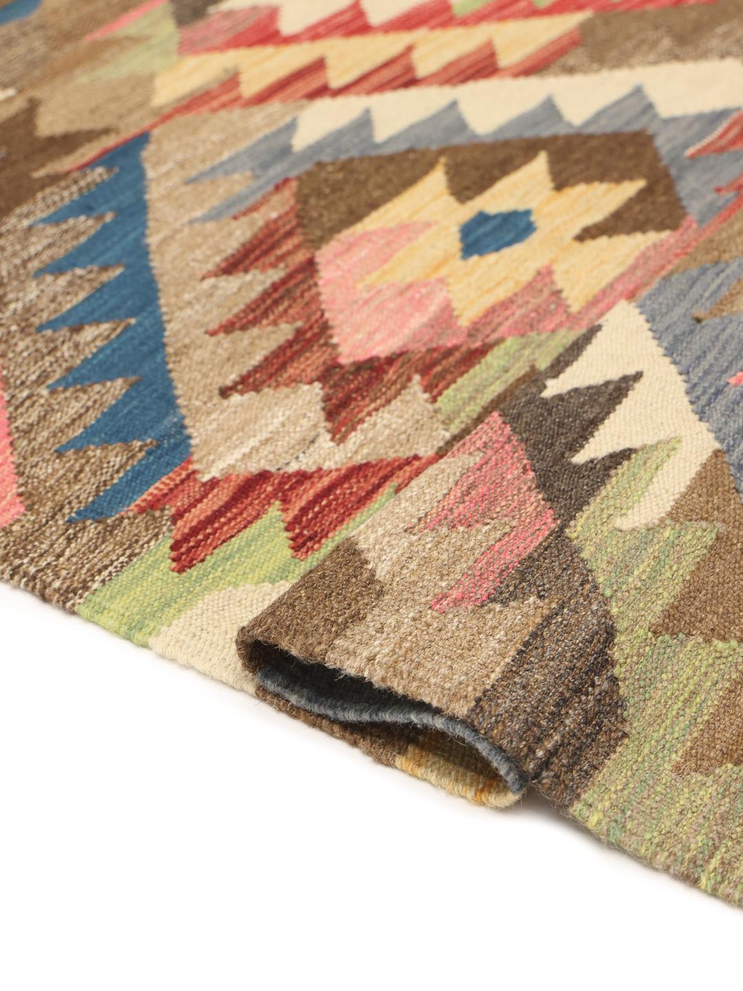 Handmade Afghan rug runner with multicoloured geometric pattern