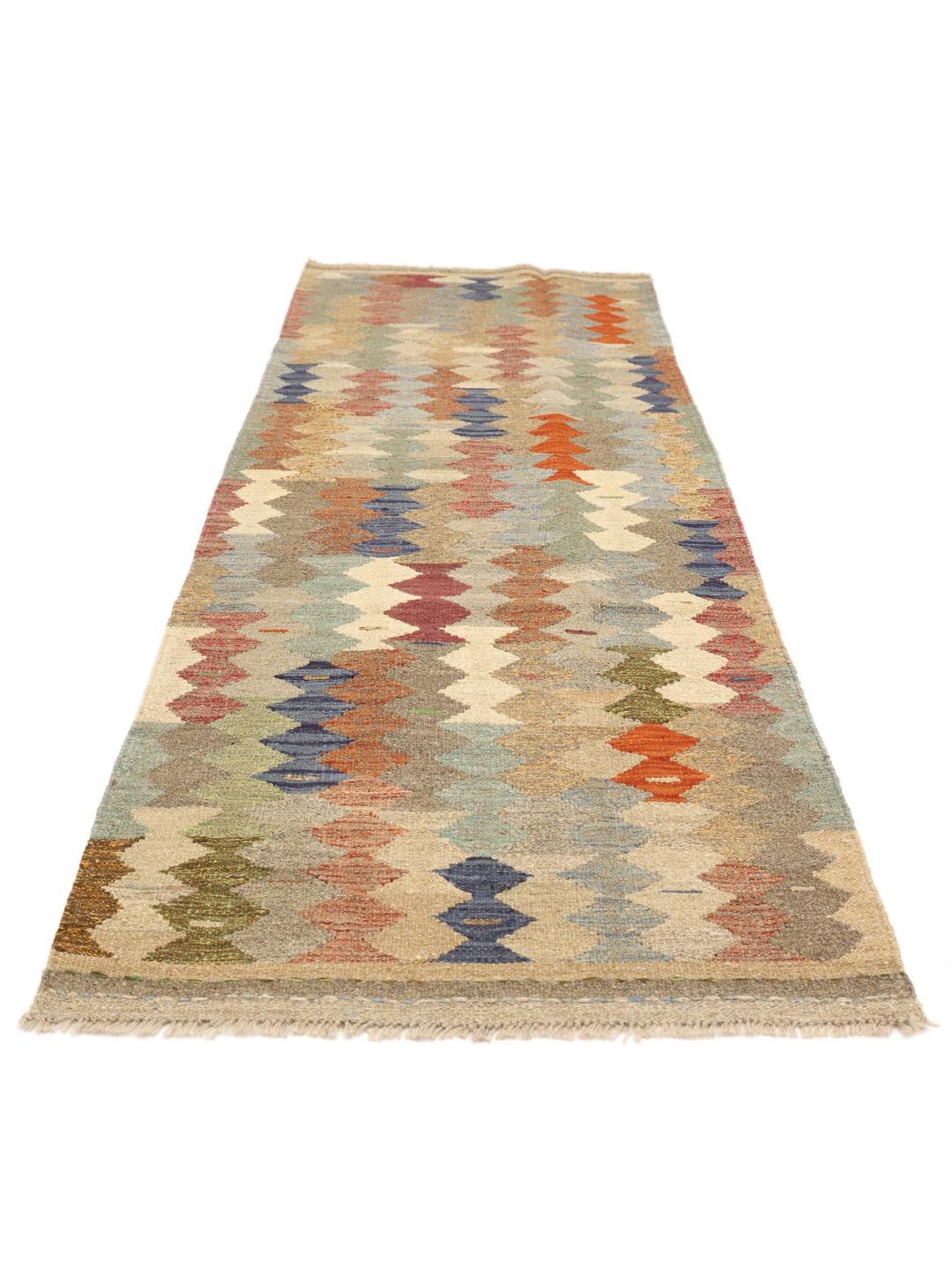 Hand-woven multicolour runner rug from Afghanistan with geometric pattern