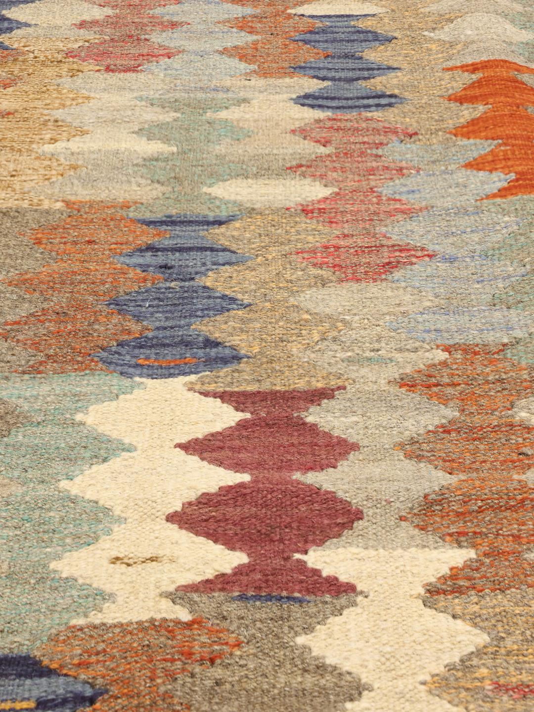 Hand-woven multicolour runner rug from Afghanistan with geometric pattern
