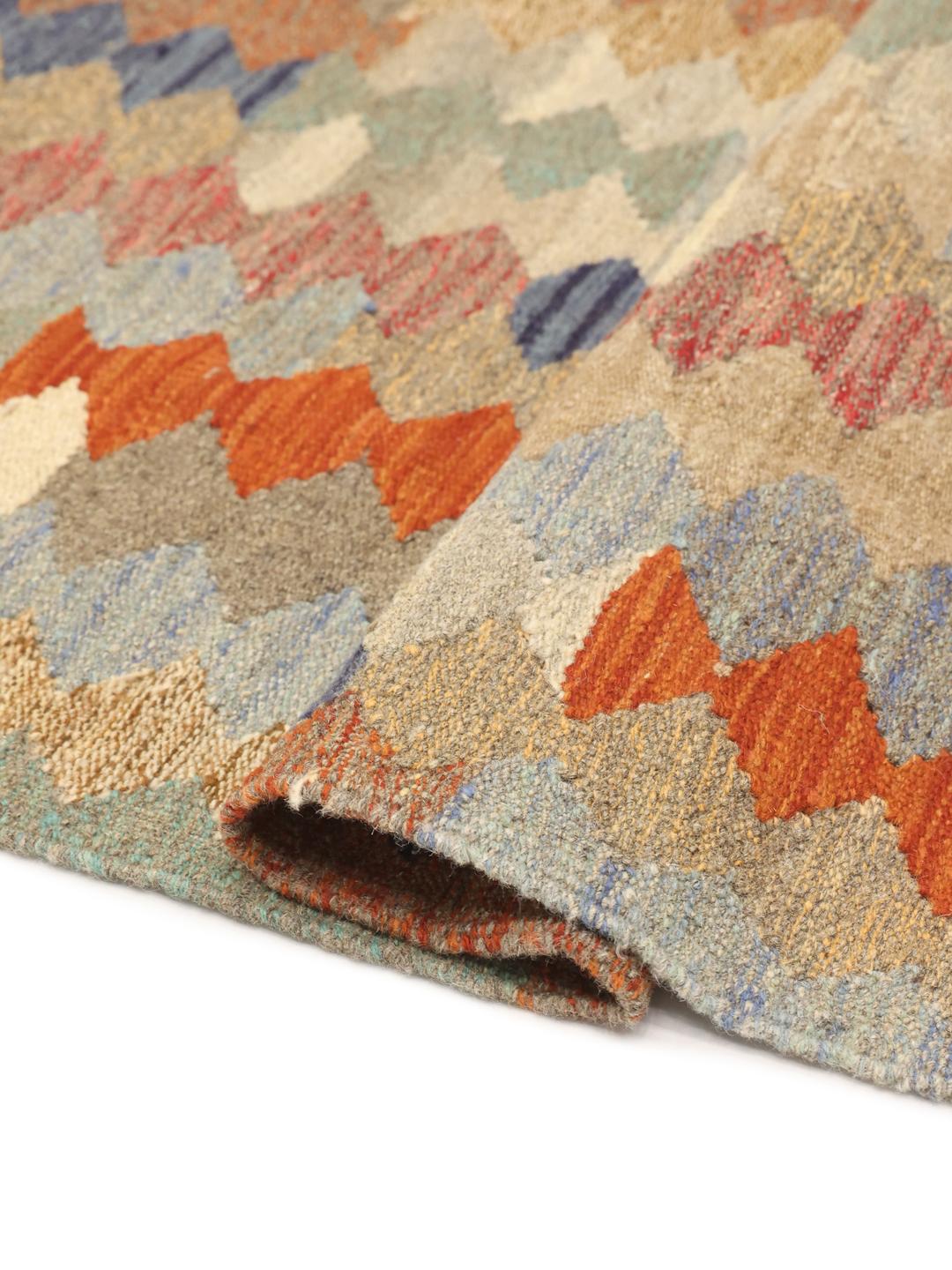 Hand-woven multicolour runner rug from Afghanistan with geometric pattern
