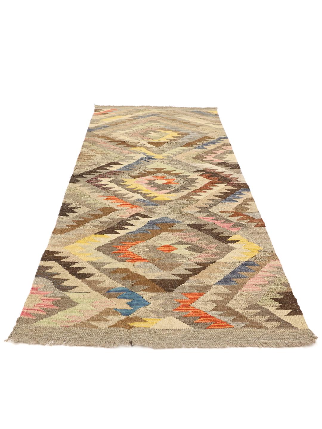Handgeweven multicolor Afghaanse Kelim loper met geometrische diamantpatronen