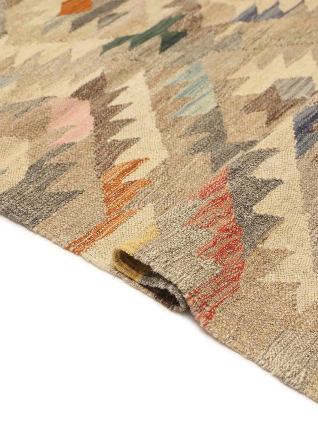 Handgeweven Afghaanse Kelim loper met geometrische patronen in beige en meerkleurig