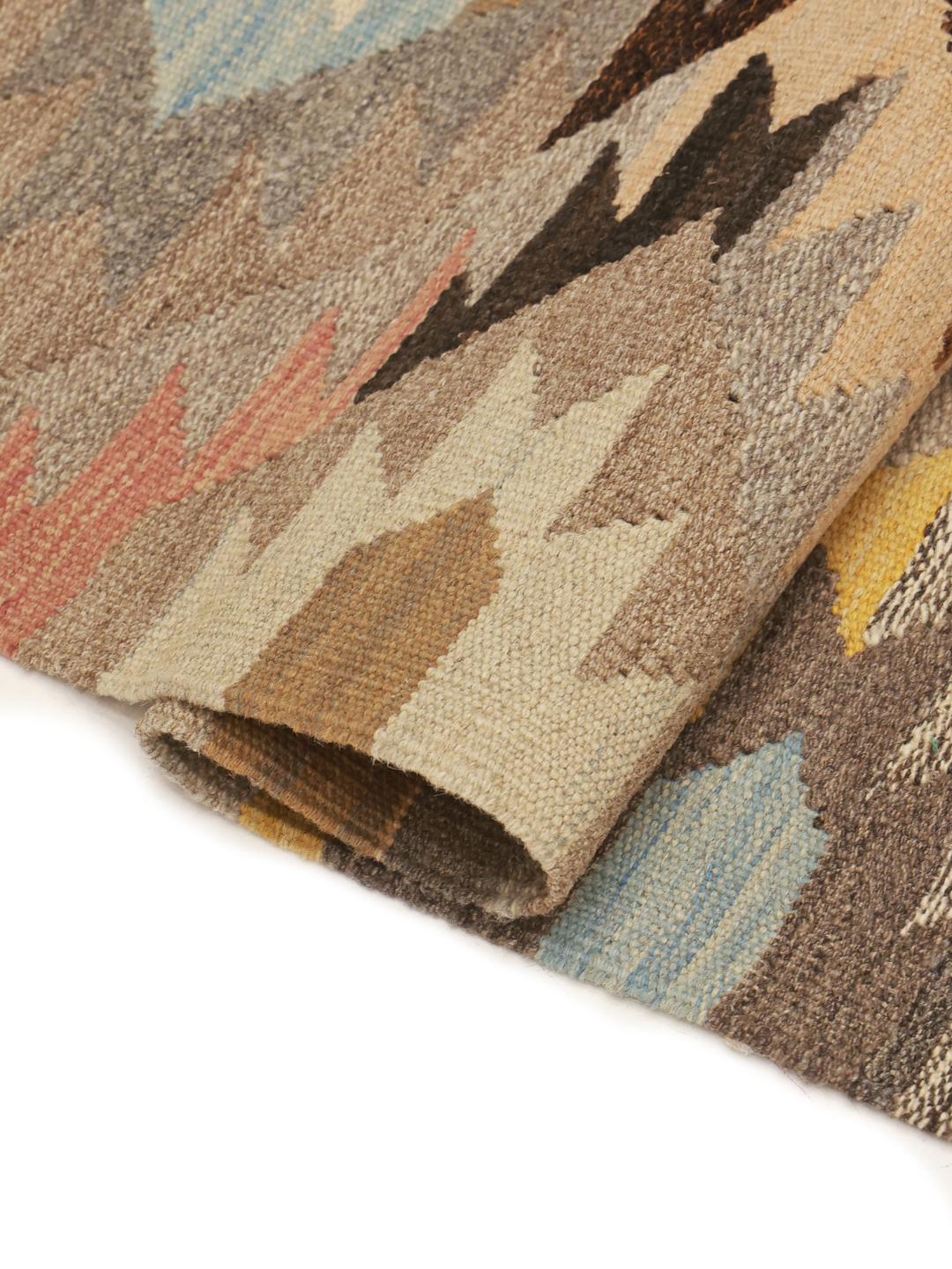 Hand-woven Afghan Kilim runner featuring a vibrant geometric pattern in multicolor Wool