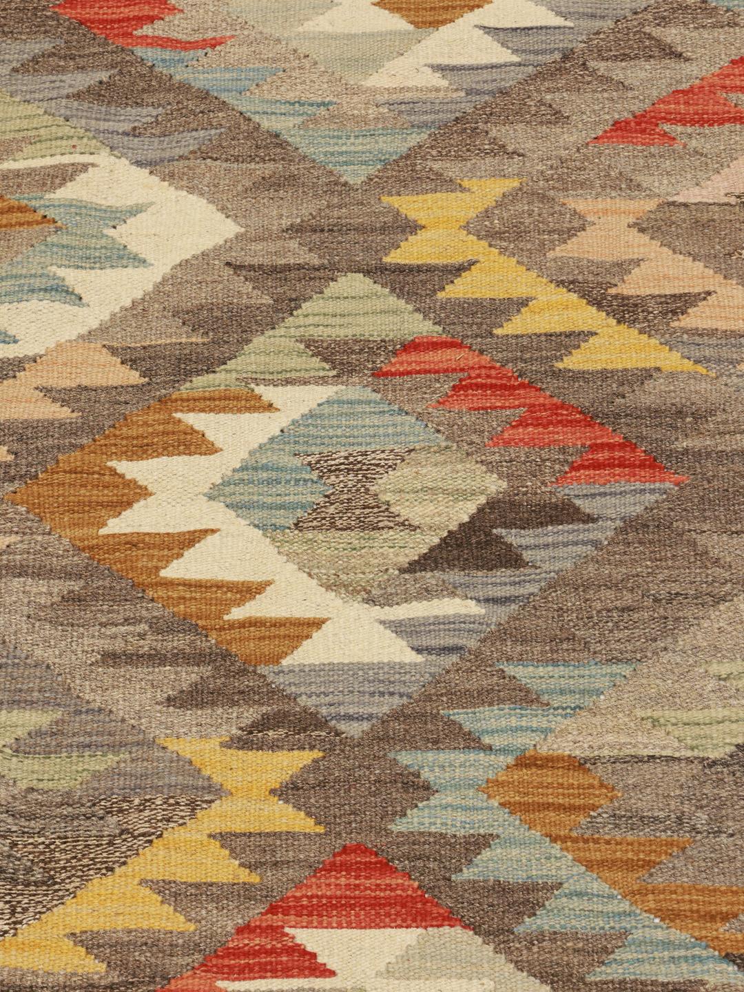 Handgeweven loper uit Afghanistan met geometrische patronen in multicolor wol