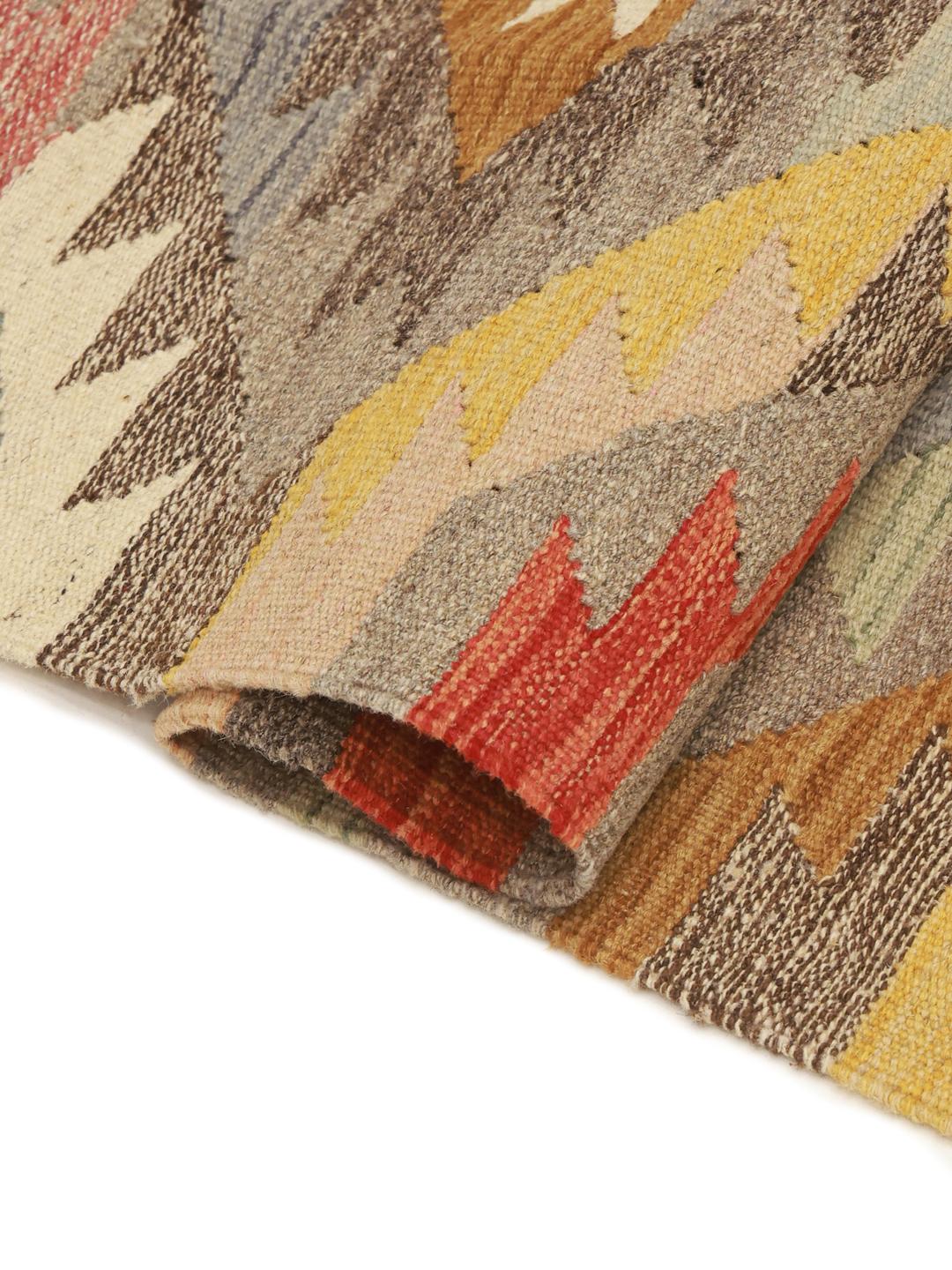 Handgeweven loper uit Afghanistan met geometrische patronen in multicolor wol
