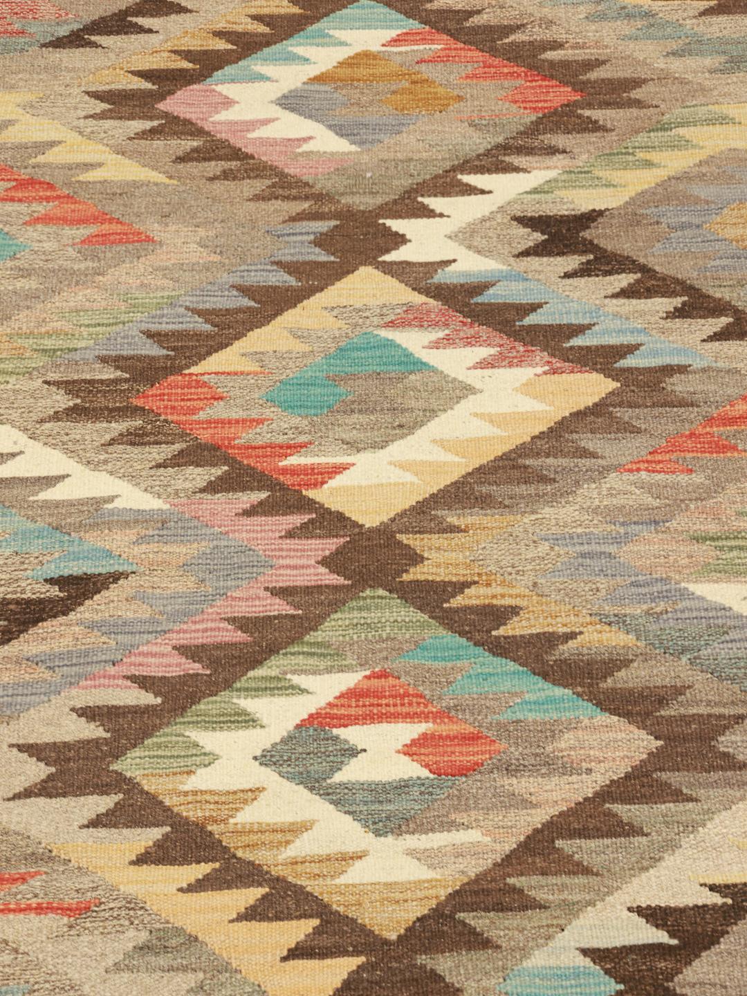 Handgeweven Kelim loper met geometrische patronen in multicolor Wol uit Afghanistan