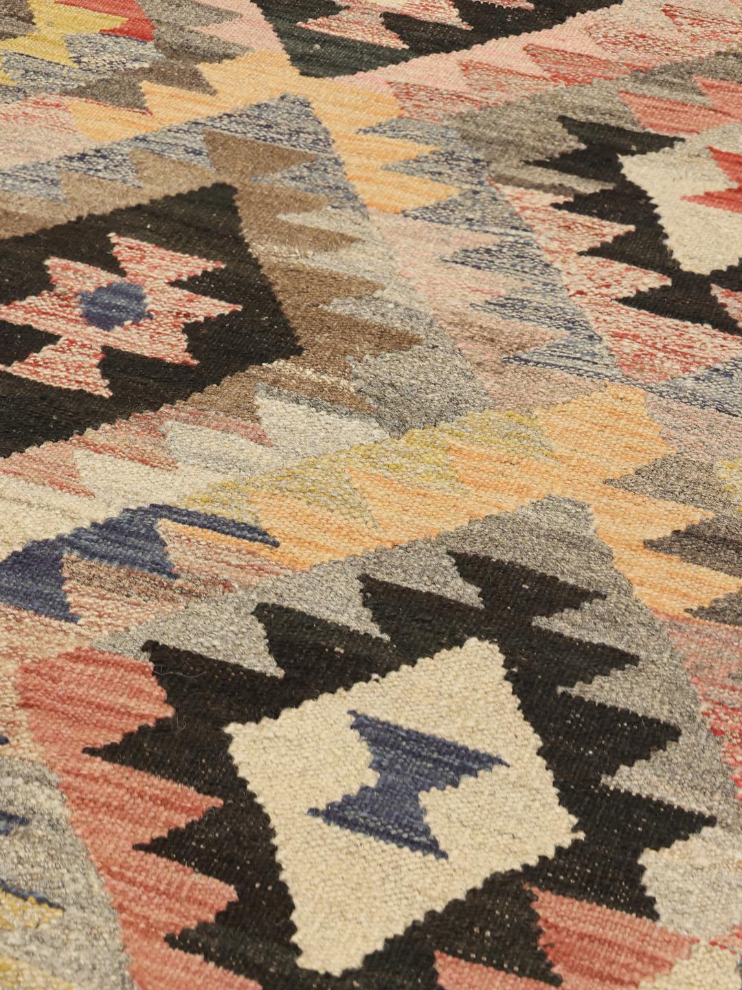 Handgeweven Afghaanse wollen loper met geometrische ruitpatronen in diverse kleuren