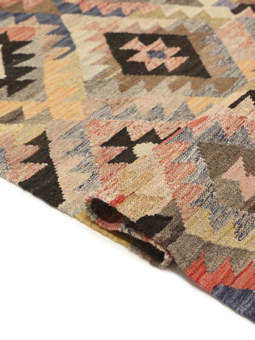 Handgeweven Afghaanse wollen loper met geometrische ruitpatronen in diverse kleuren