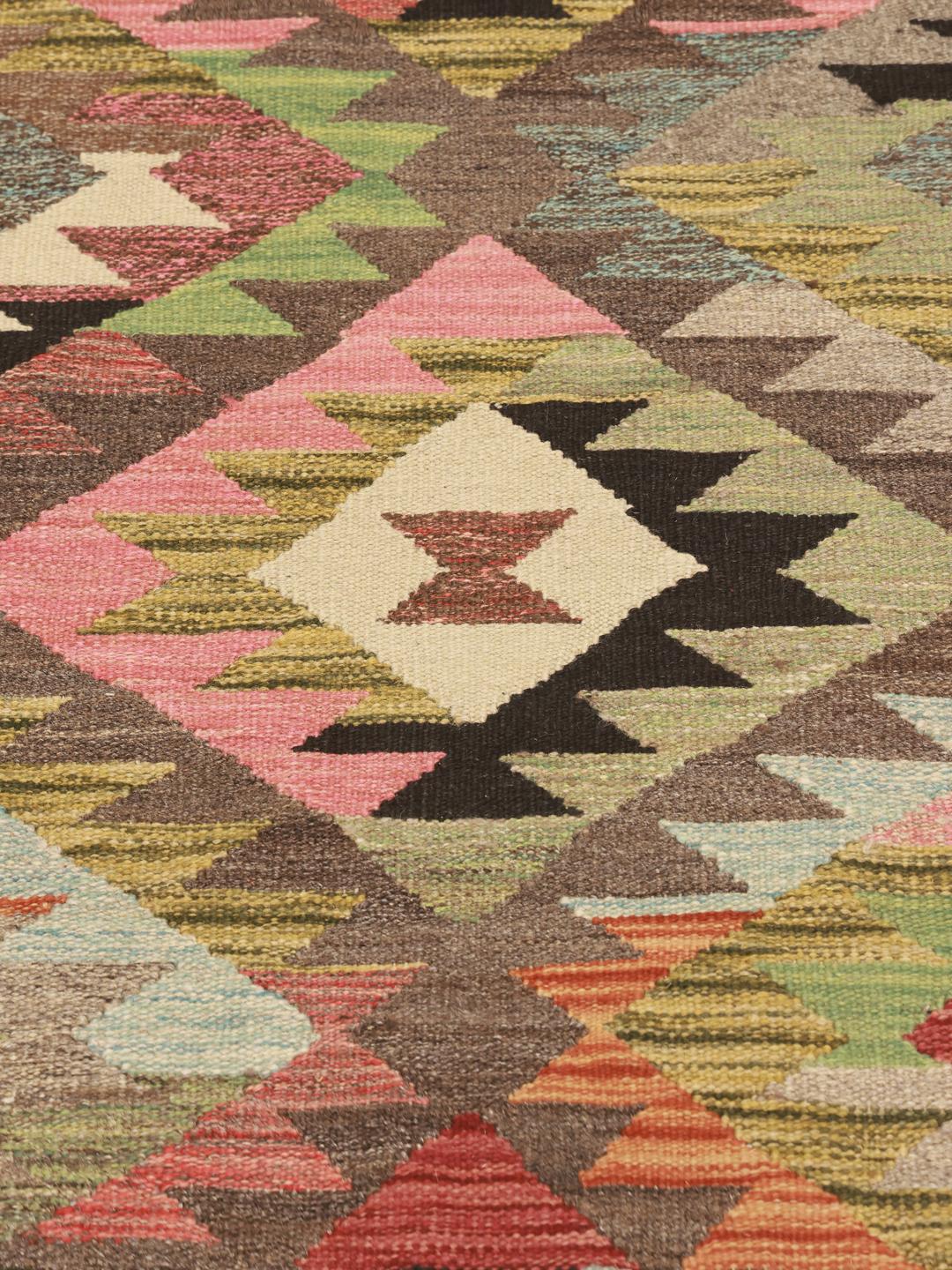 Hand-woven Afghan Kilim runner with a vibrant geometric pattern in multicolor Wool