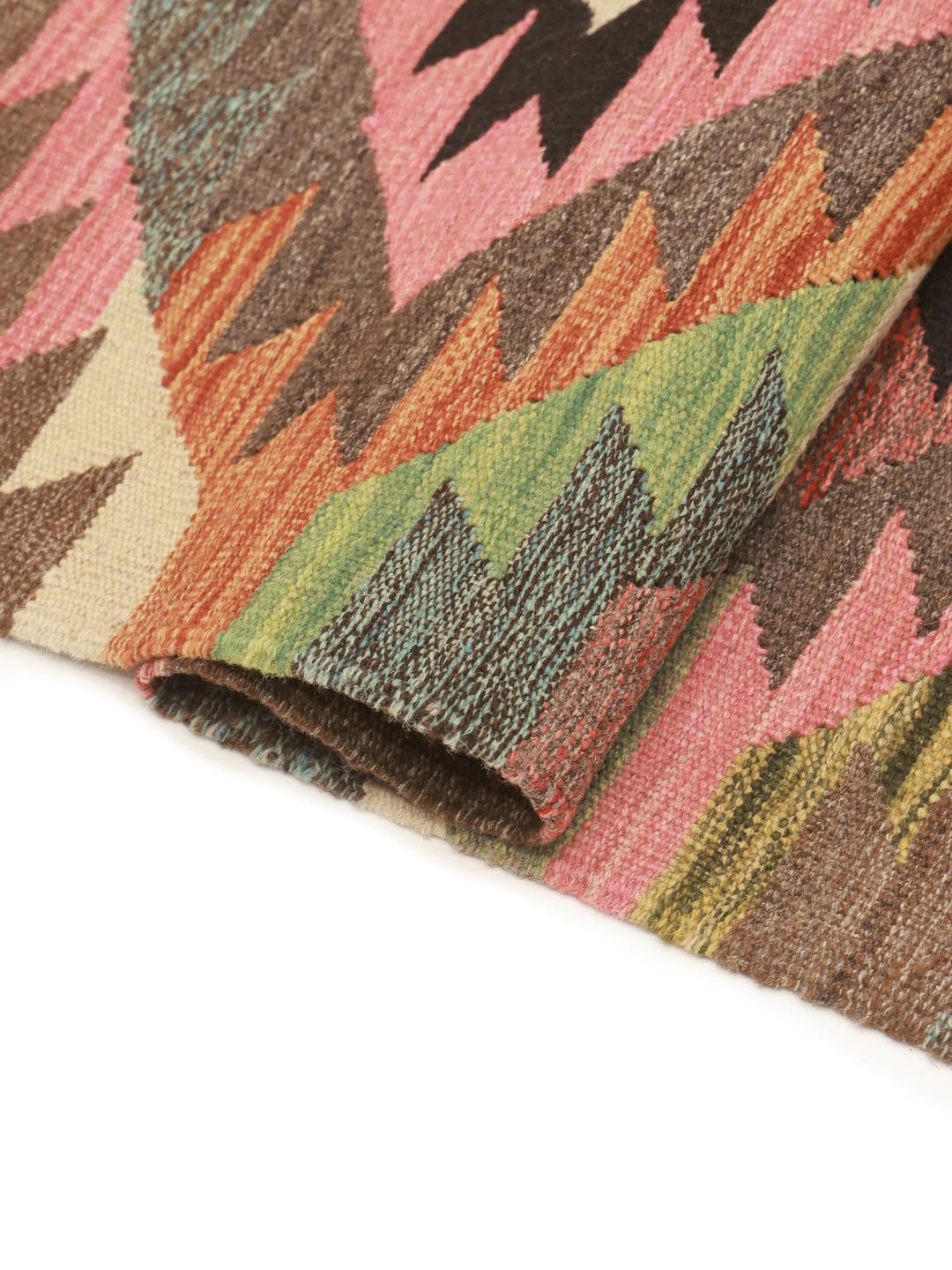 Hand-woven Afghan Kilim runner with a vibrant geometric pattern in multicolor Wool