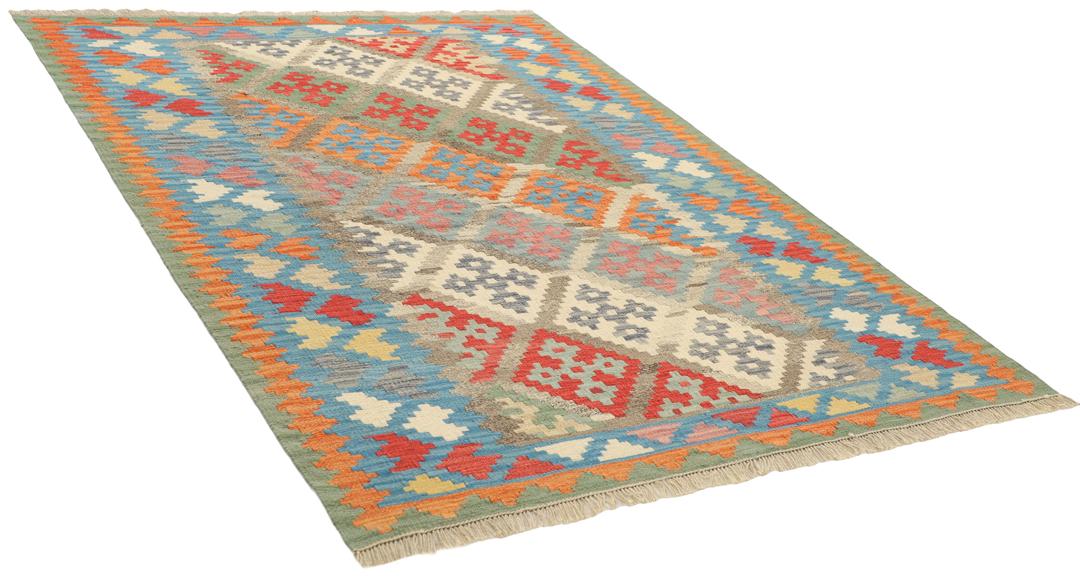 Handgeweven Kilim Qashqai tapijt met levendige geometrische patronen in veelkleurige wol.