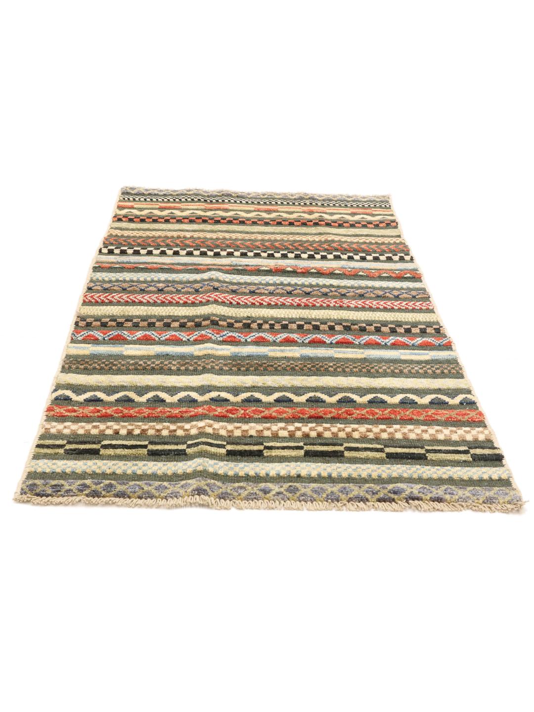 Tappeto afgano annodato a mano con vivaci strisce geometriche multicolori