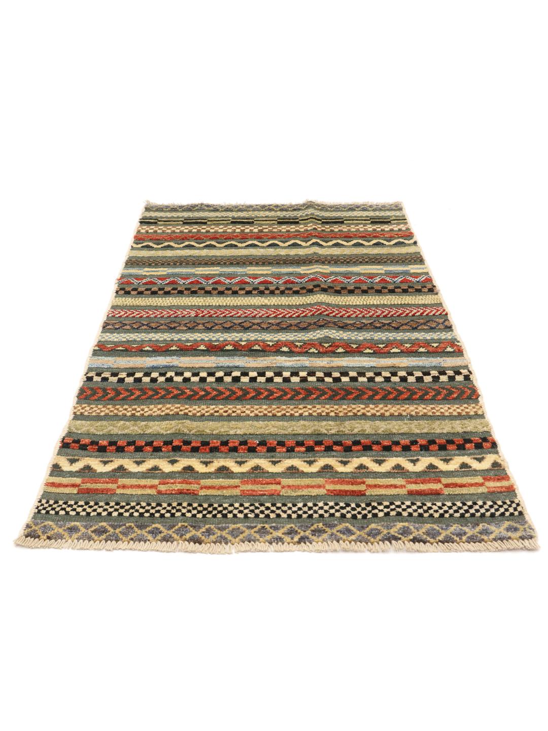 Tappeto afgano annodato a mano con vivaci strisce geometriche multicolori