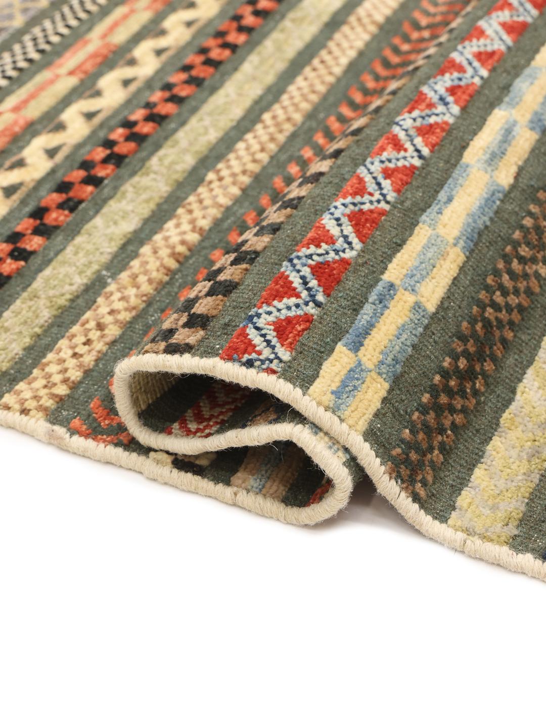 Tappeto afgano annodato a mano con vivaci strisce geometriche multicolori