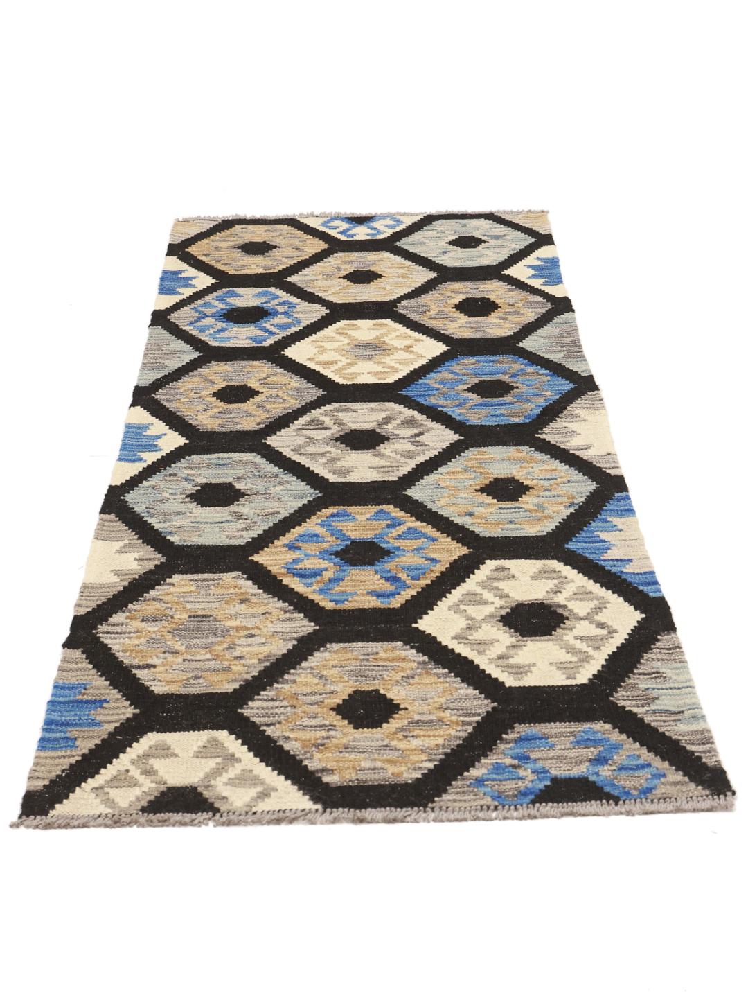 Hand-woven Kelim Afghan runner rug from Afghanistan in black