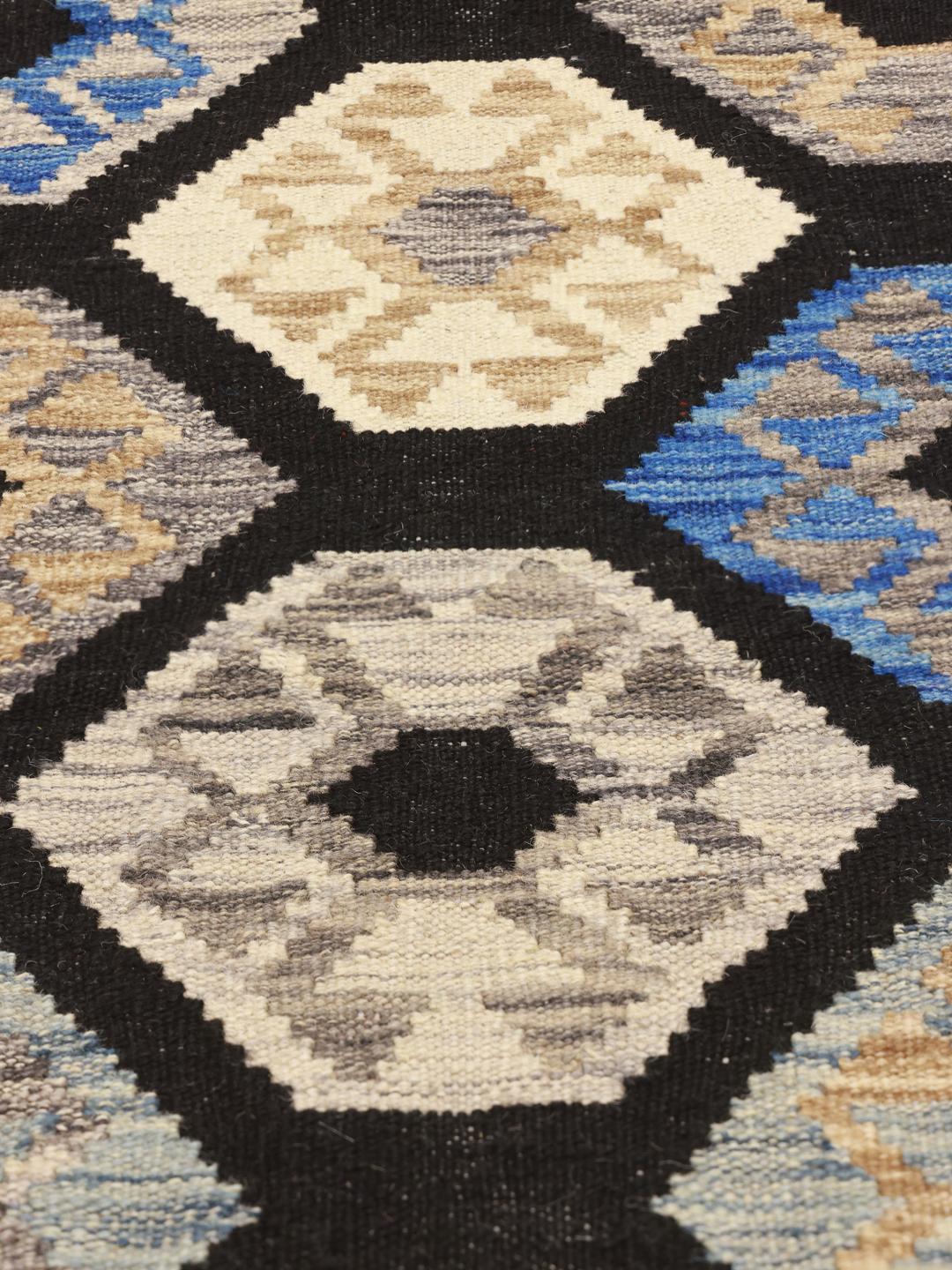 Hand-woven Kelim Afghan runner rug from Afghanistan in black