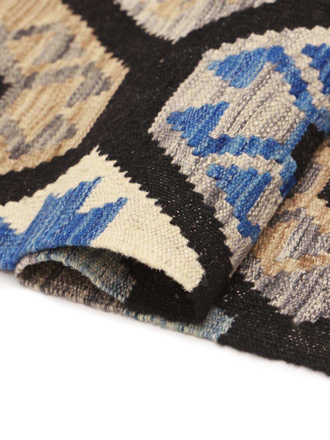 Hand-woven Kelim Afghan runner rug from Afghanistan in black