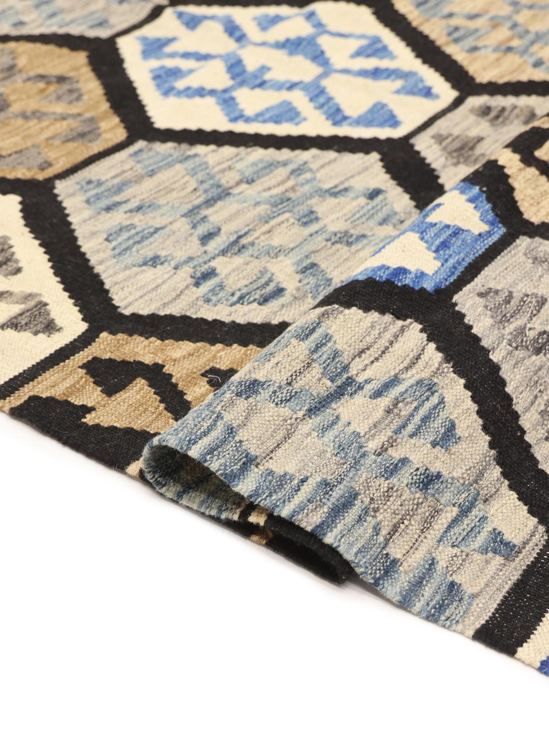 Hand-woven Afghan Kelim rug in blue and earthy tones