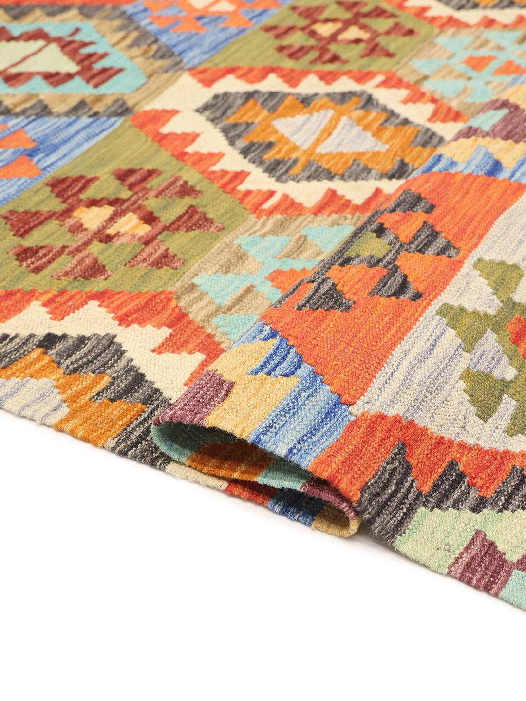 Handmade Afghan Kelim rug with multicolored geometric patterns