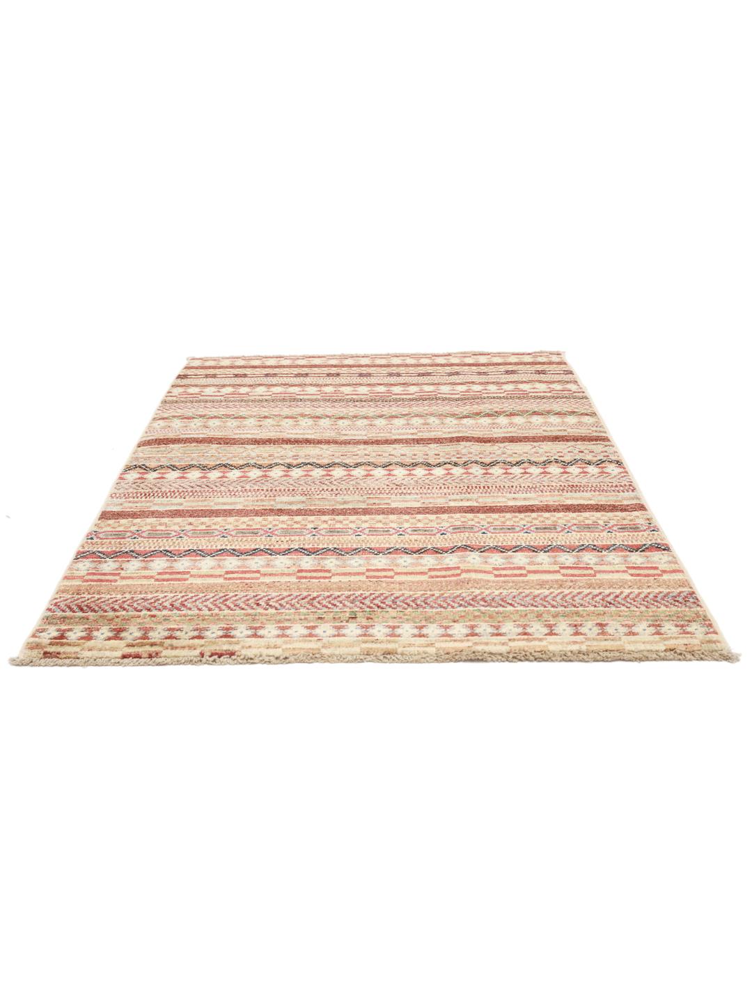 Afghaans Gabbeh Modern tapijt in beige met horizontale patroonbanden