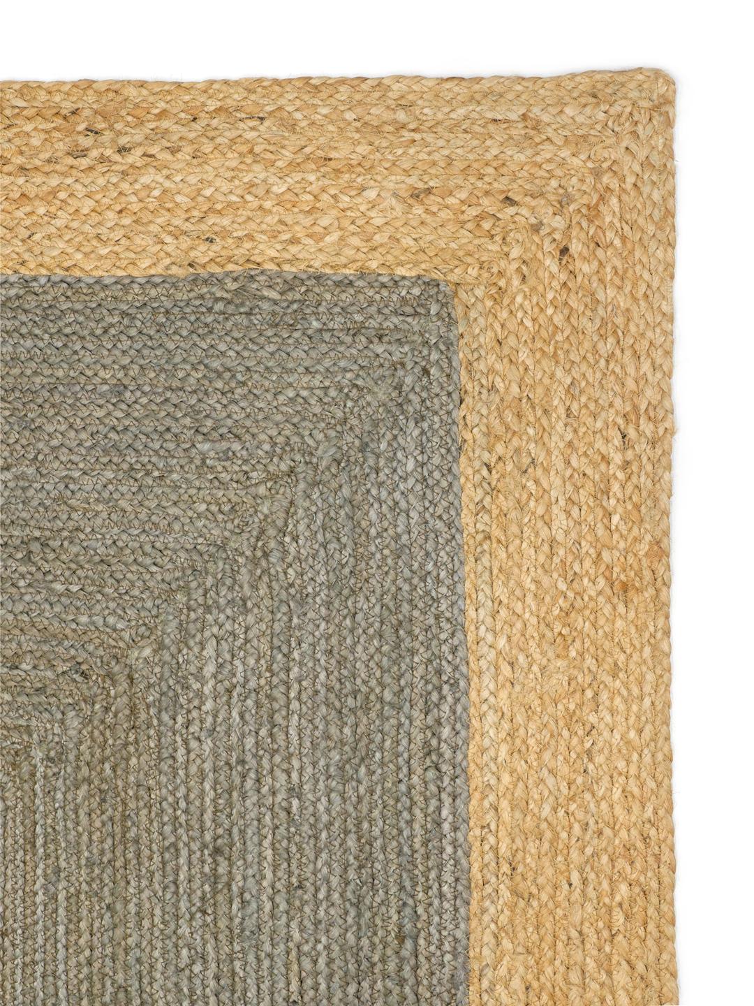 Handgeweven grijs en beige vloerkleed met een kaderontwerp