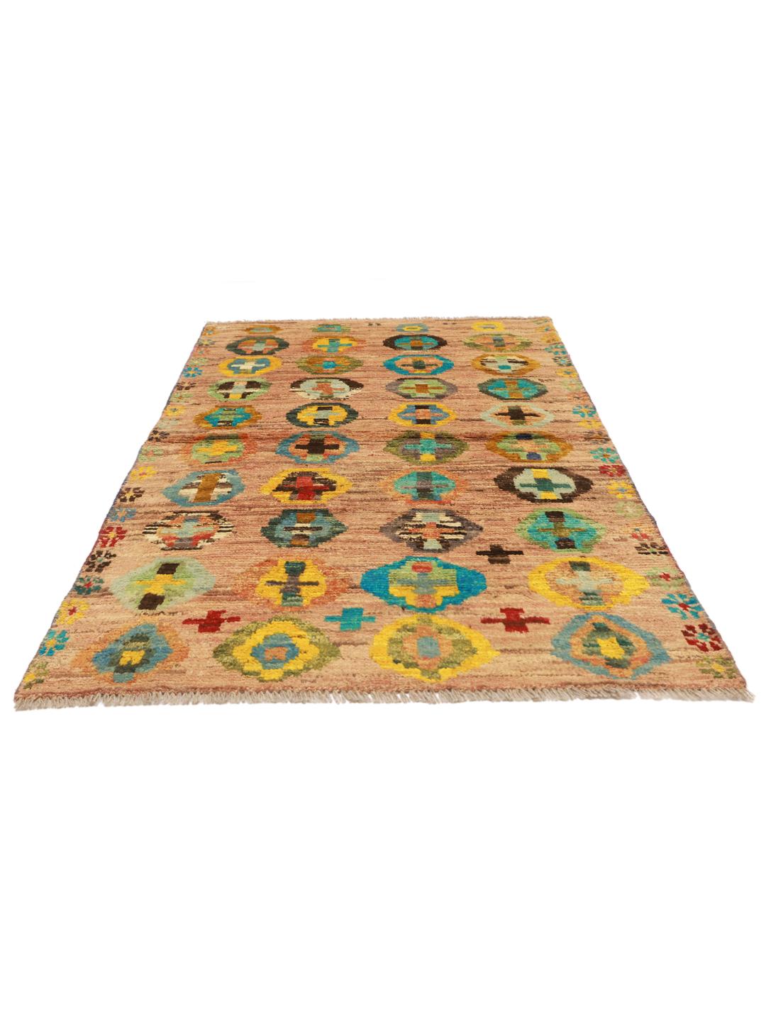 Hand-knotted Afghan rug with colourful geometric patterns on a beige background