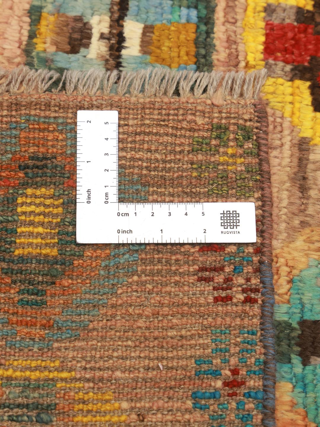 Hand-knotted Afghan rug with colourful geometric patterns on a beige background