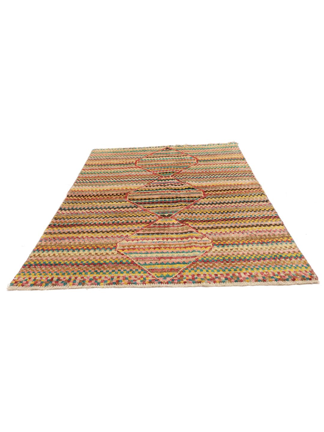 Hand-knotted multicoloured Berber rug from Afghanistan with a bold geometric medallion design.