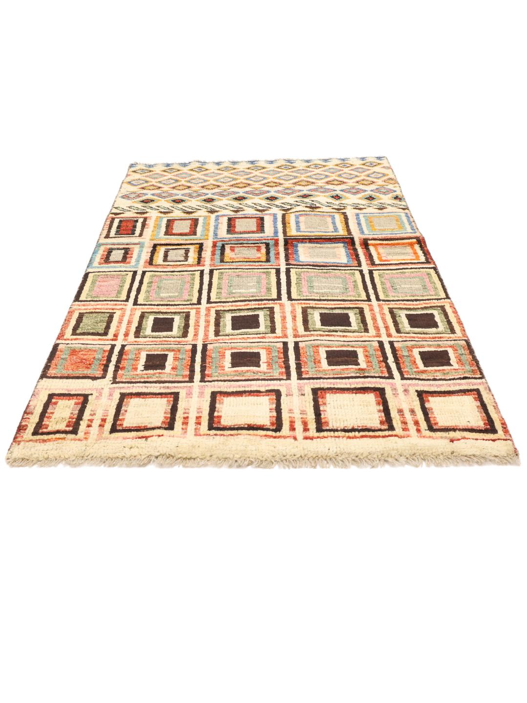 Handmade Afghan rug with beige background and colourful geometric patterns