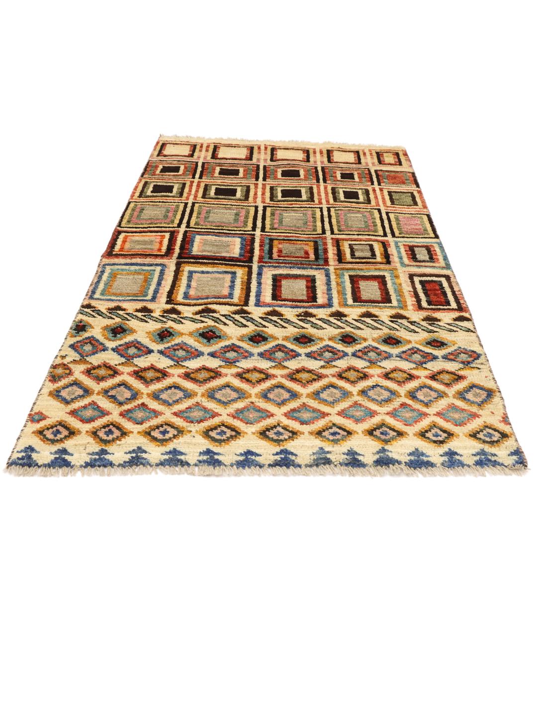 Handmade Afghan rug with beige background and colourful geometric patterns