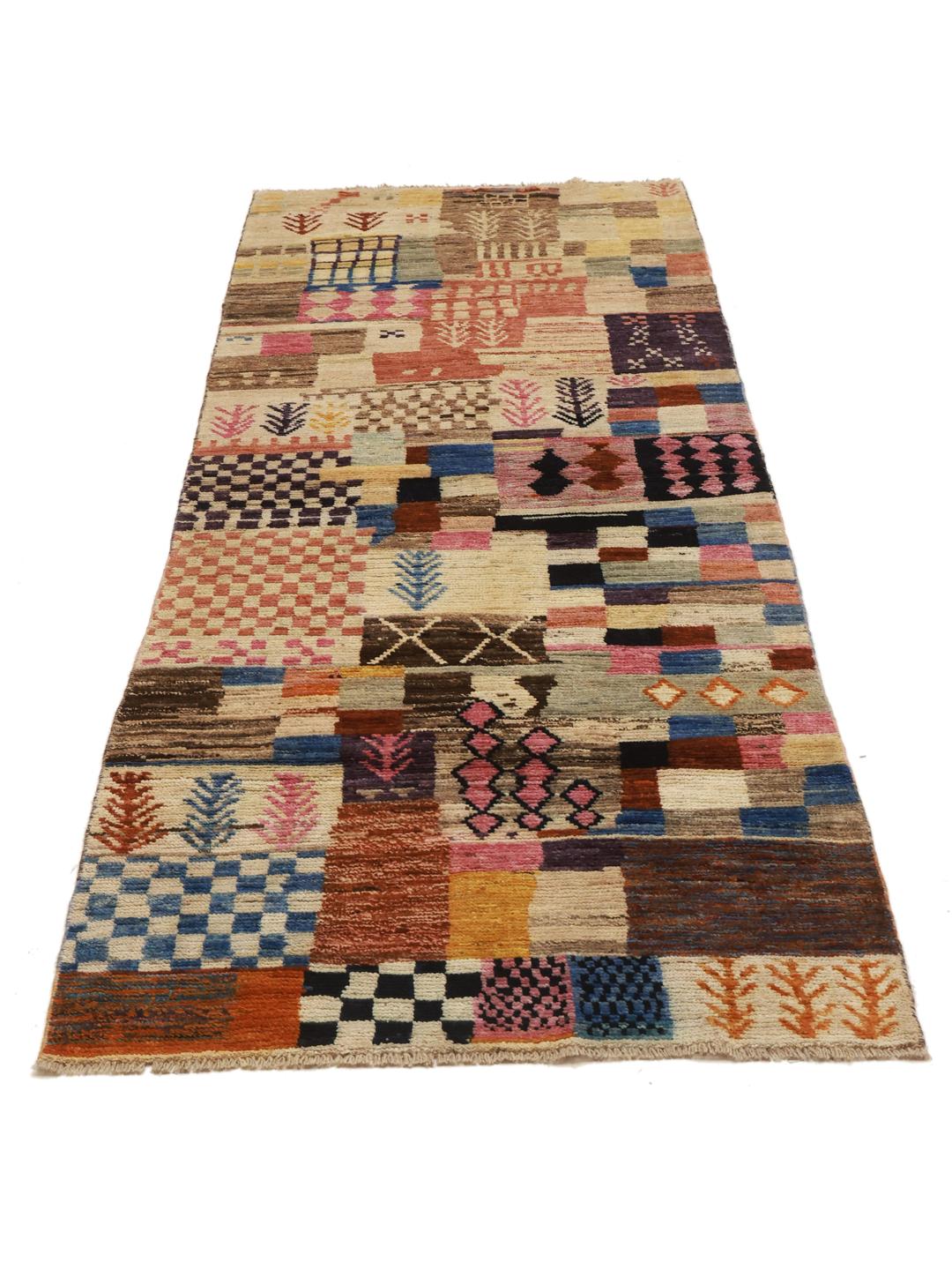 Håndknyttet afghansk løber med et farverigt geometrisk patchwork-design