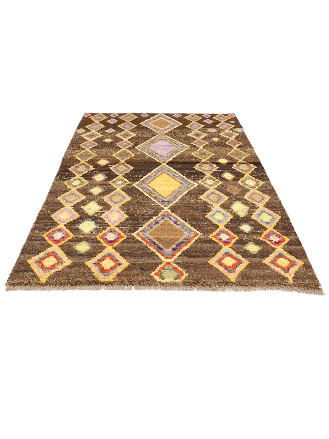 Handmade Afghan rug with colourful diamond motifs and brown background
