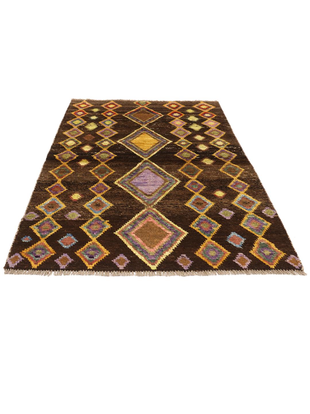 Handmade Afghan rug with colourful diamond motifs and brown background